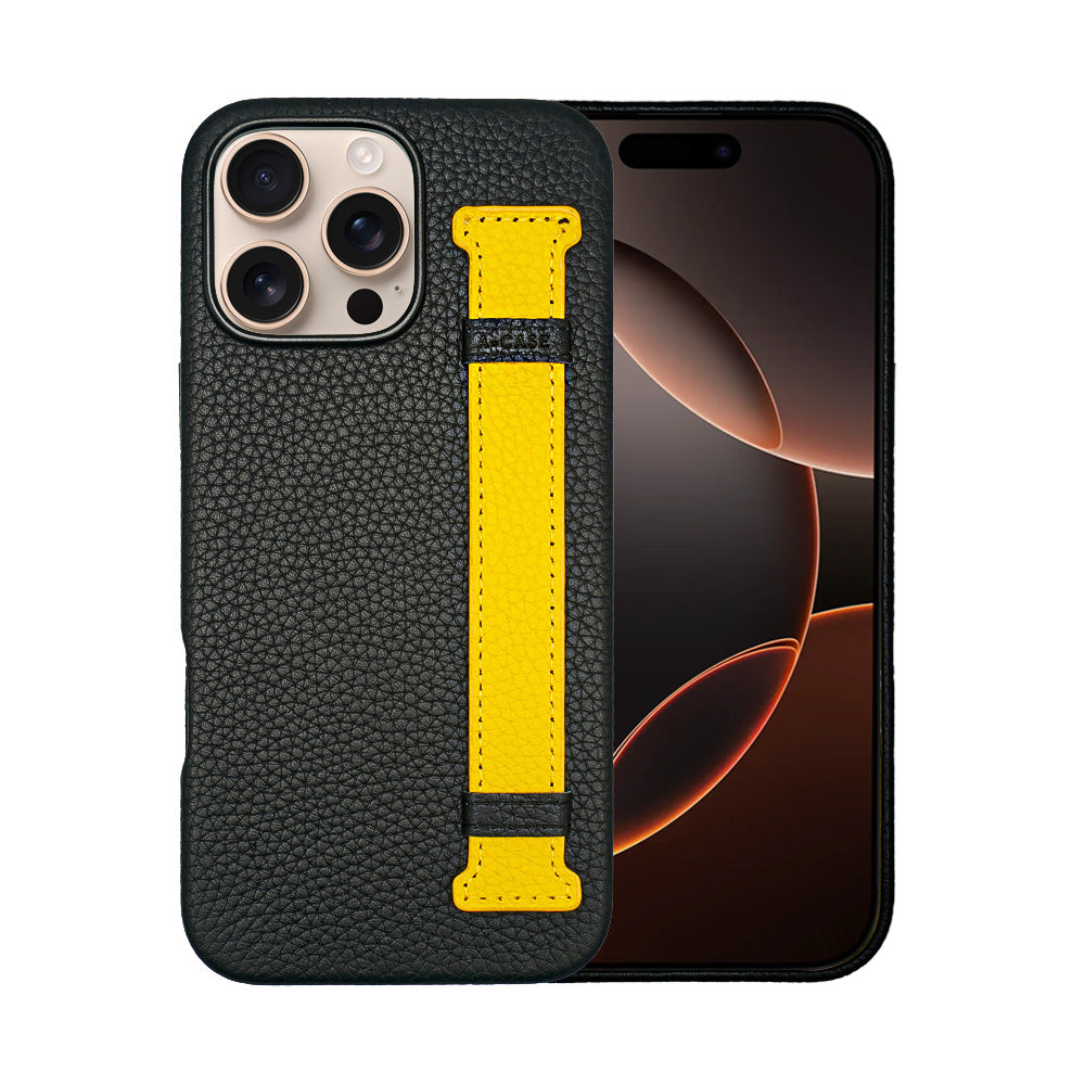 Amur Pro Leather Case For iPhone 16 Series-Black/Yellow