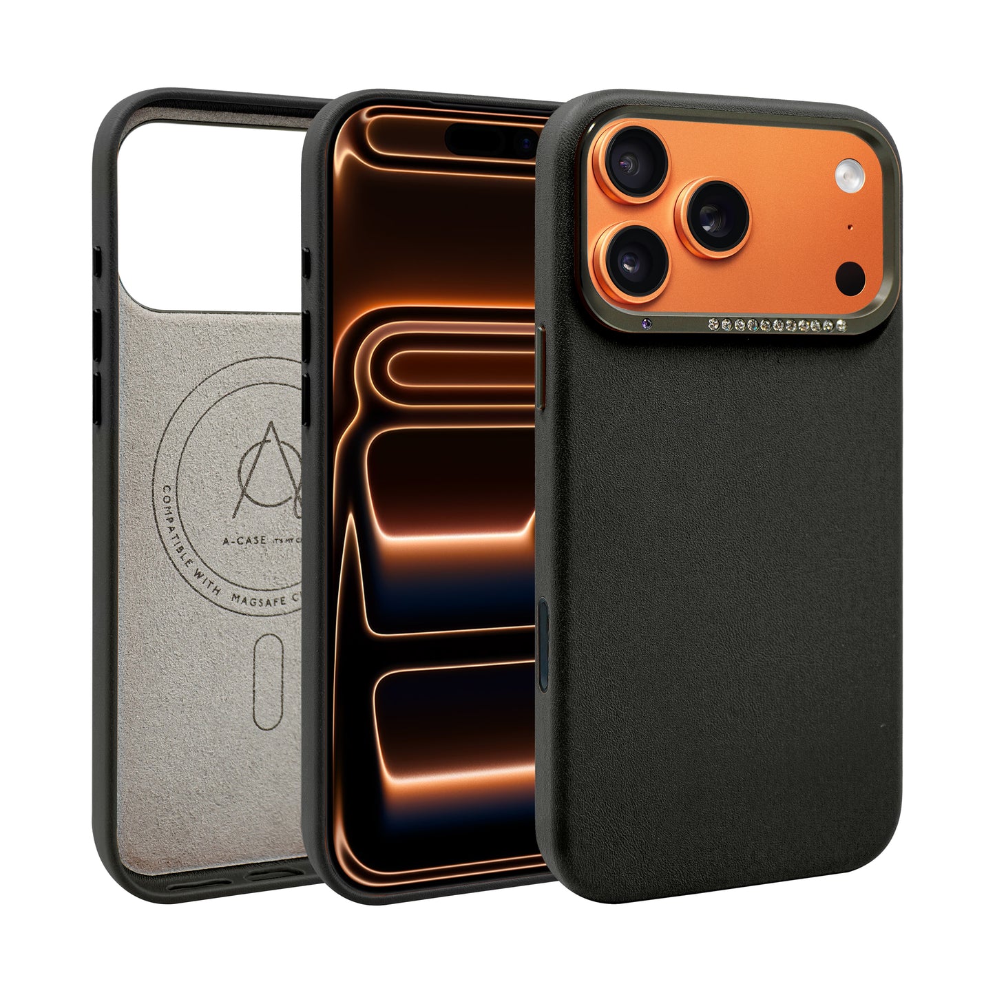 Alimli Vegan Leather Crystal Rhinstones Case for iPhone 17 Pro Max - Black